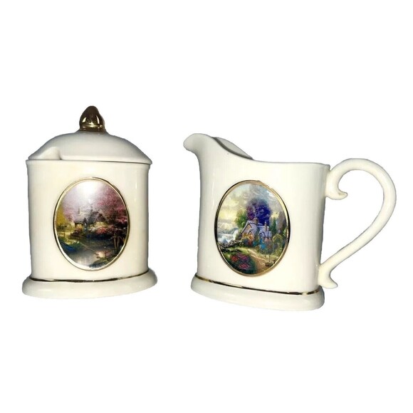 Thomas Kincaid Avon New Day Drawing Creamer & Stepping Stone Cottage Sugar Bowl - Picture 1 of 12